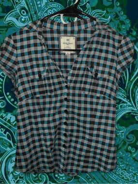 Heritage Plaid Button-Up Shirt in Teal, Black, and white